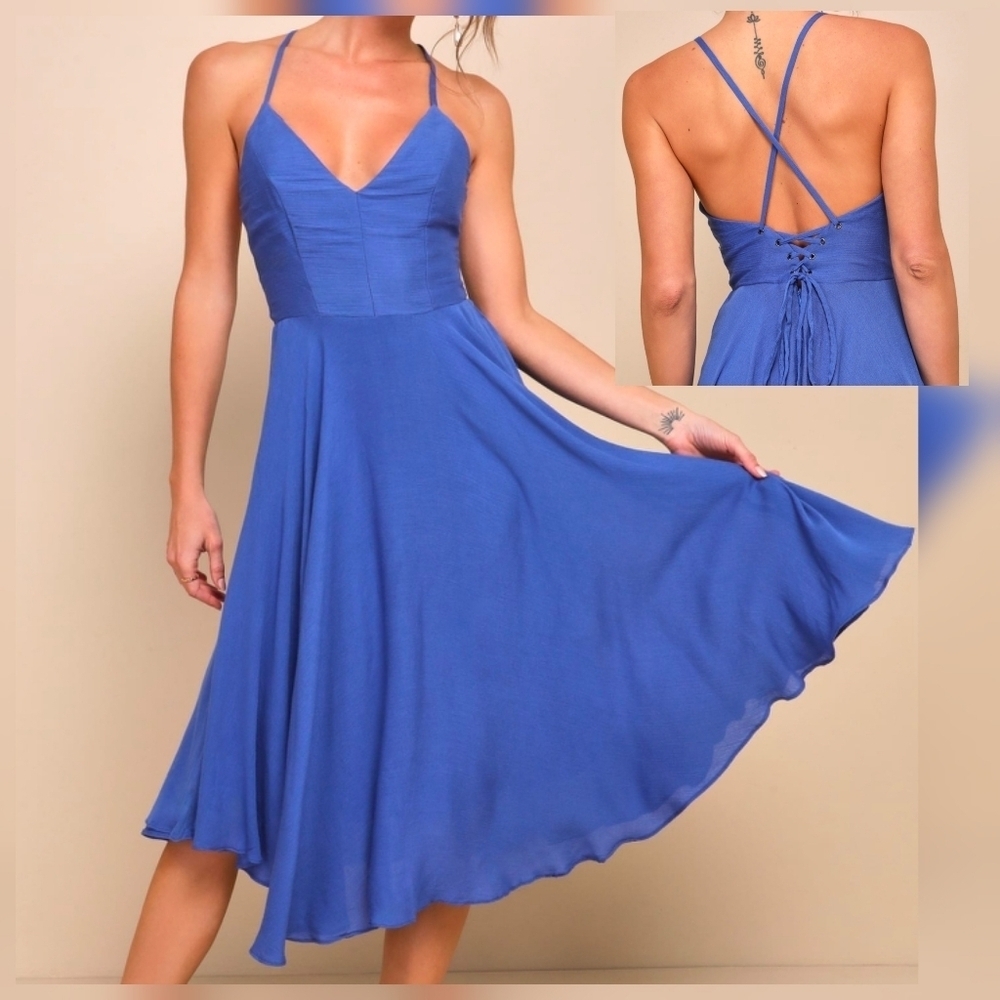 Lulus Troulos Royal Blue Lace-Up Midi Dress, Size XS
